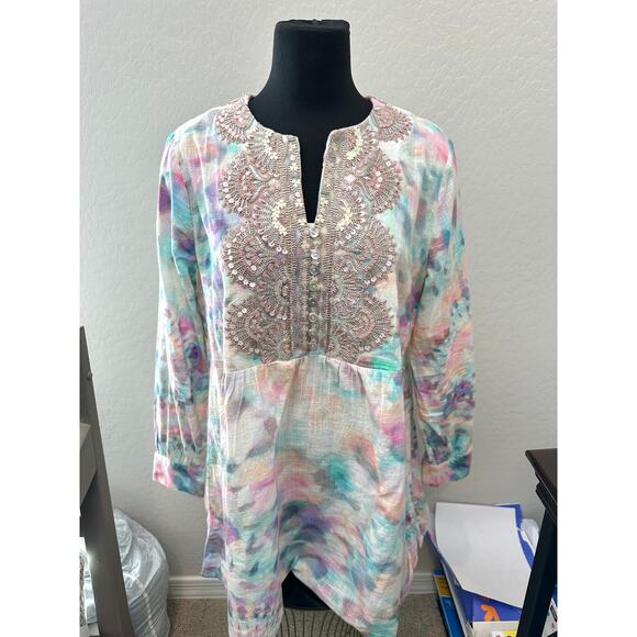 SOFT SURROUNDINGS | Embellished Sequin Tunic Top Watercolor Pastel Boho | Large - Picture 3 of 8